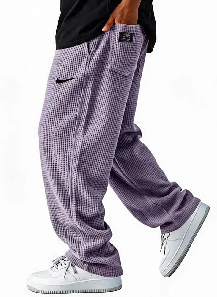 Men Waffle Grid Textured Loose Wide Leg Drawstring Casual Pants