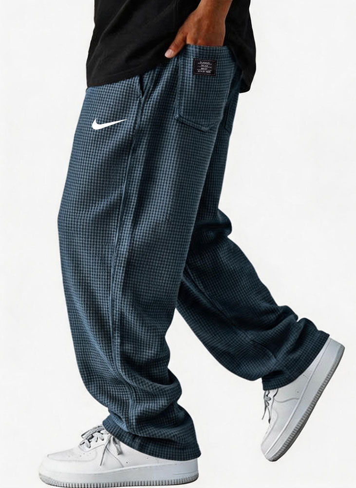 Men Waffle Grid Textured Loose Wide Leg Drawstring Casual Pants