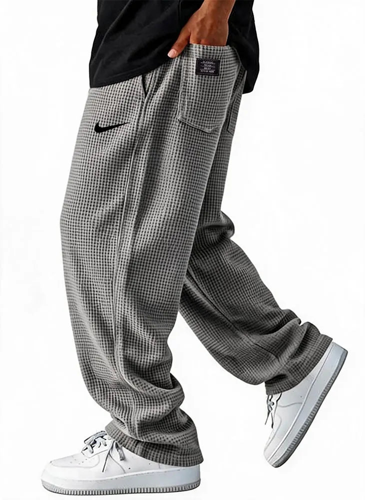 Men Waffle Grid Textured Loose Wide Leg Drawstring Casual Pants